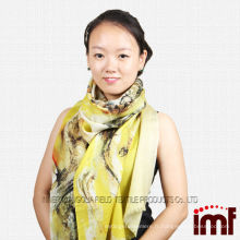 Le plus récent design fantaisie imprimé jaune mélange coton écharpe en laine de bambou châles pashmina pour les filles